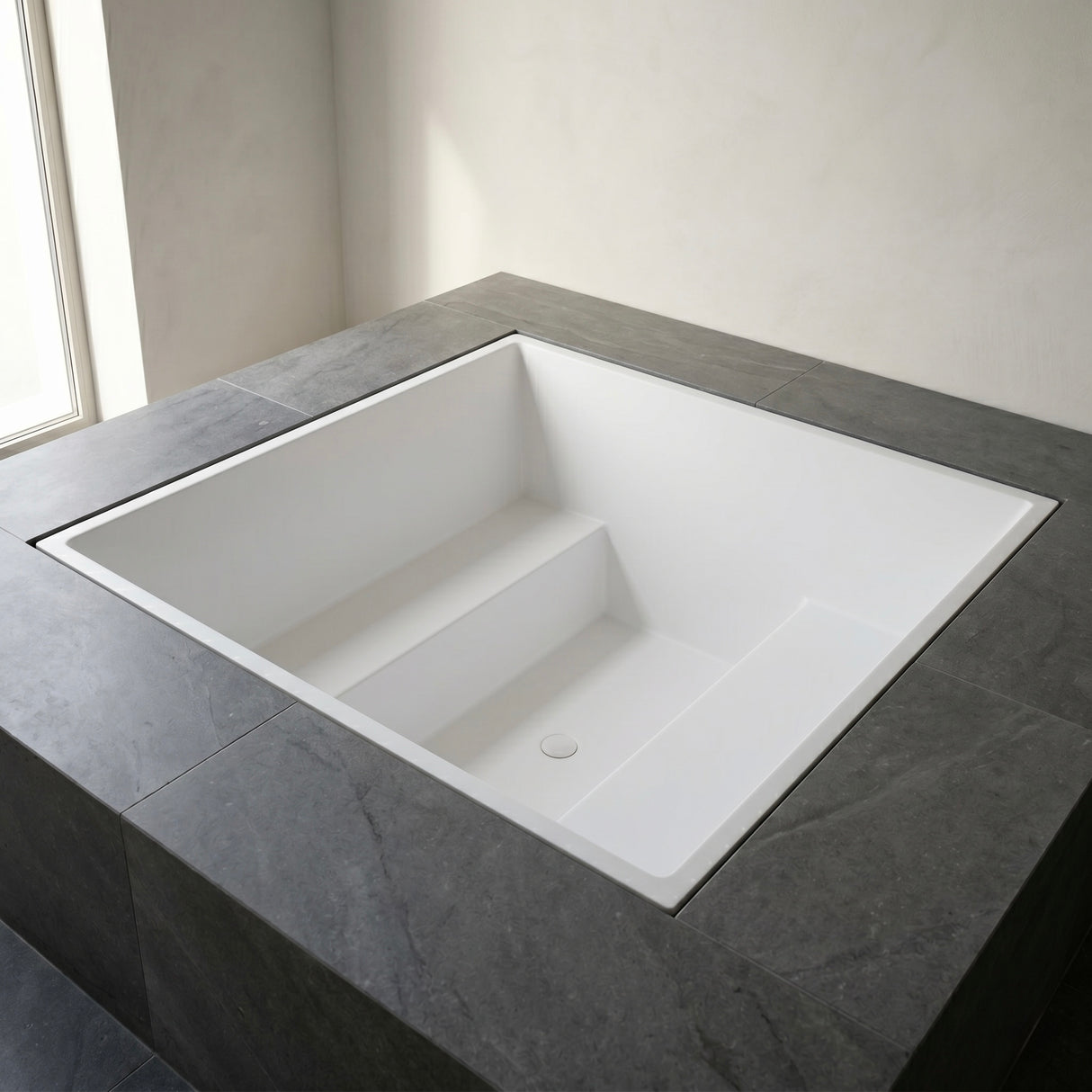 1800 × 1800 mm multi-person deep soaking tub by Omnitub — six-adult capacity, handmade in Somerset, England