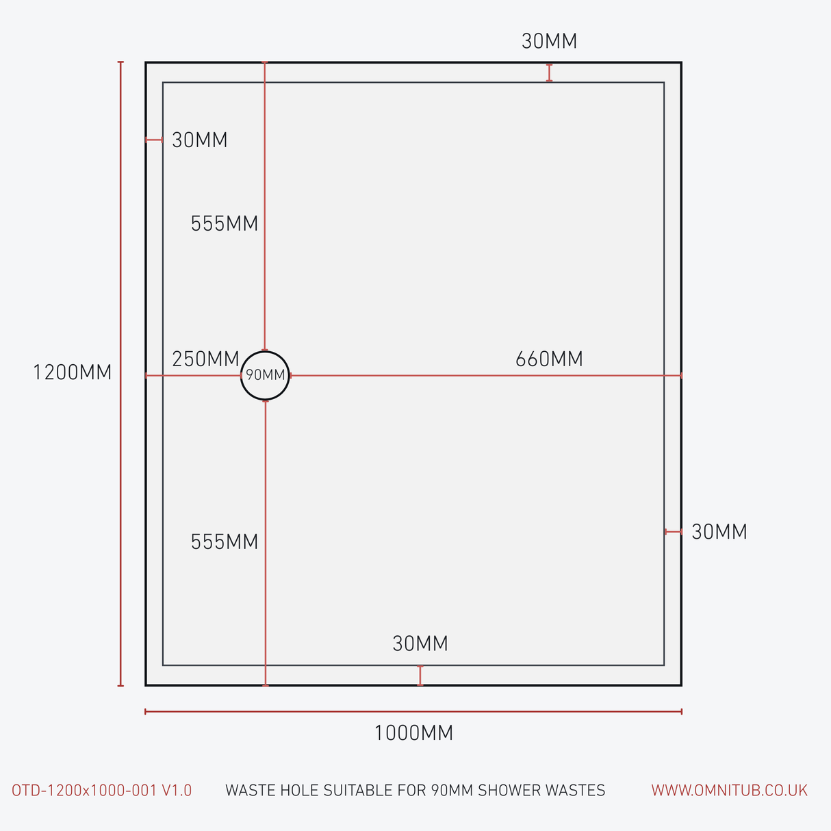 1200 × 1000 Rectangular Shower Tray – 35mm Slim Non-Slip | Omnitub