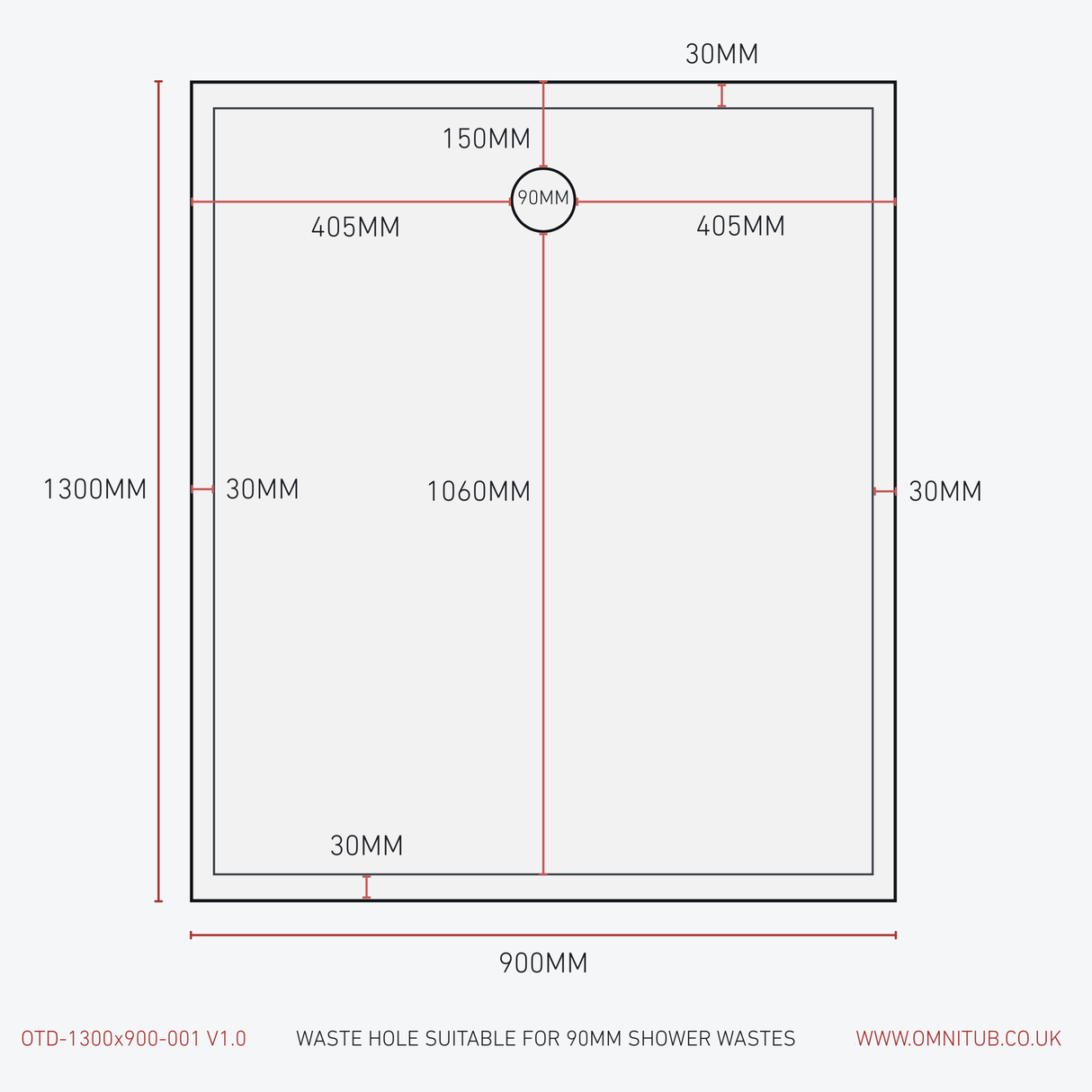 Omnitub 1300 × 900 Rectangular Shower Tray – 35mm Slim Non-Slip - side angle