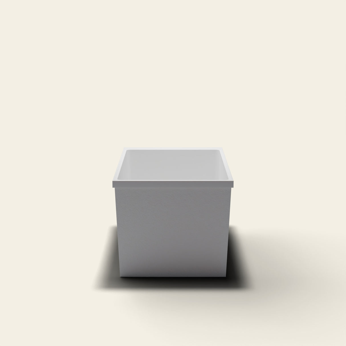 Omnitub Sheer 1200 deep soaking tub in white — 1200×700mm footprint, 600mm deep, near-vertical walls, hand-polished Omnigel — end elevation [render:endelev:nofeet]