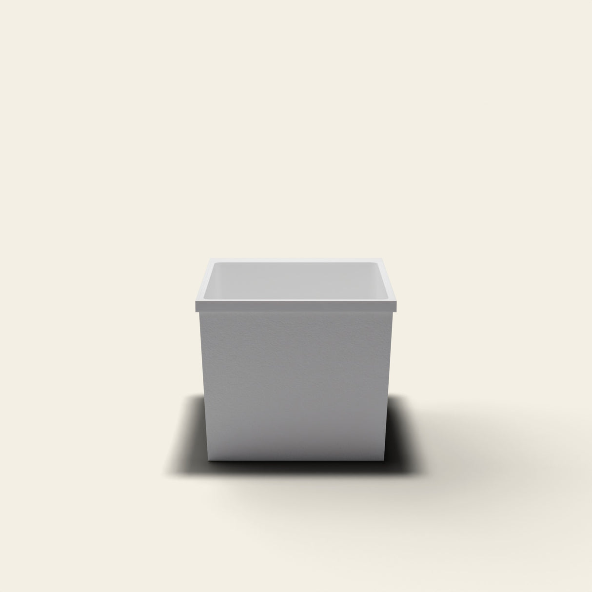 Omnitub Sheer 900 deep soaking tub in white — 900×700mm footprint, 600mm deep, near-vertical walls, hand-polished Omnigel — end elevation [render:endelev:nofeet]