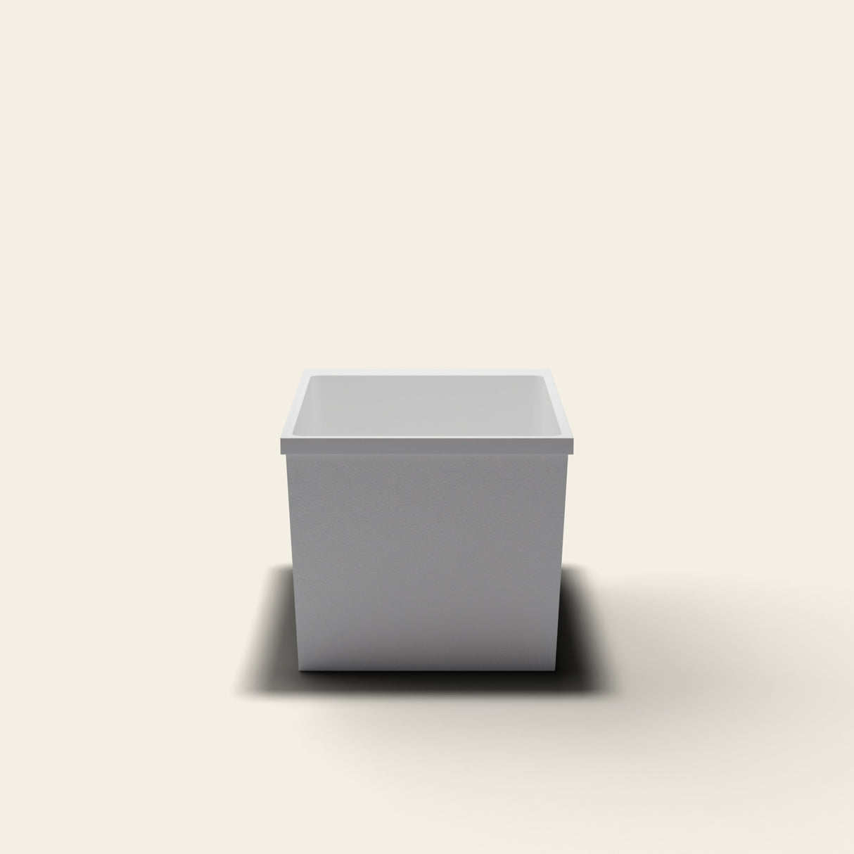 Omnitub Sheer 1000 deep soaking tub in white — 1000×700mm footprint, 600mm deep, near-vertical walls, hand-polished Omnigel — end elevation [render:endelev:nofeet]