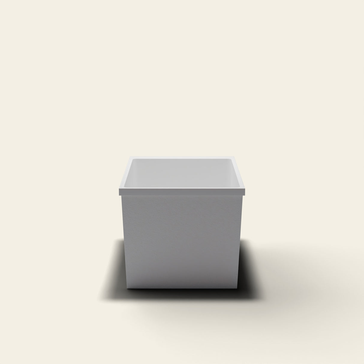 Omnitub Sheer 1100 deep soaking tub in white — 1100×700mm footprint, 600mm deep, near-vertical walls, hand-polished Omnigel — end elevation [render:endelev:nofeet]