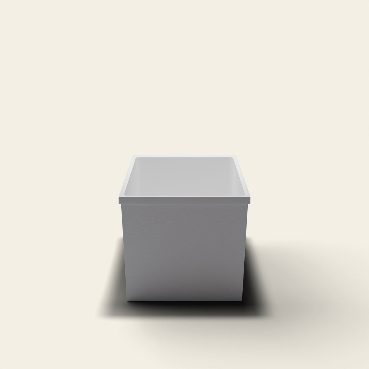 Omnitub Sheer 1400 deep soaking tub in white — 1400×700mm footprint, 600mm deep, near-vertical walls, hand-polished Omnigel — end elevation [render:endelev:nofeet]