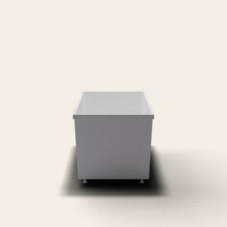 Omnitub Sheer 1400 deep soaking tub in white — 1400×700mm footprint, 600mm deep, near-vertical walls, hand-polished Omnigel, on adjustable feet — end elevation [render:endelev:feet]