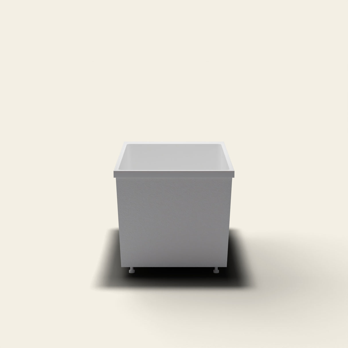 Omnitub Sheer 1100 deep soaking tub in white — 1100×700mm footprint, 600mm deep, near-vertical walls, hand-polished Omnigel, on adjustable feet — end elevation [render:endelev:feet]