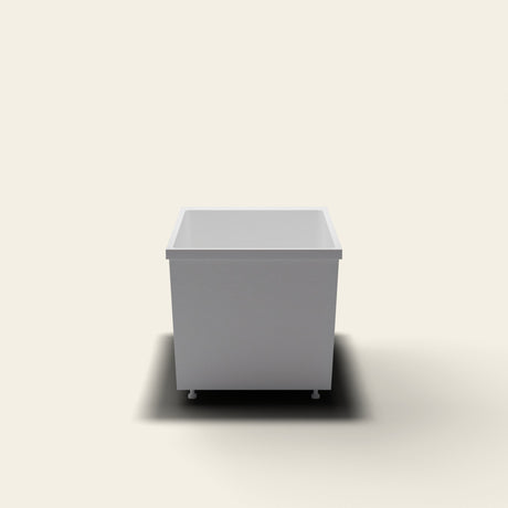 Omnitub Sheer 1100 deep soaking tub in white — 1100×700mm footprint, 600mm deep, near-vertical walls, hand-polished Omnigel, on adjustable feet — end elevation [render:endelev:feet]