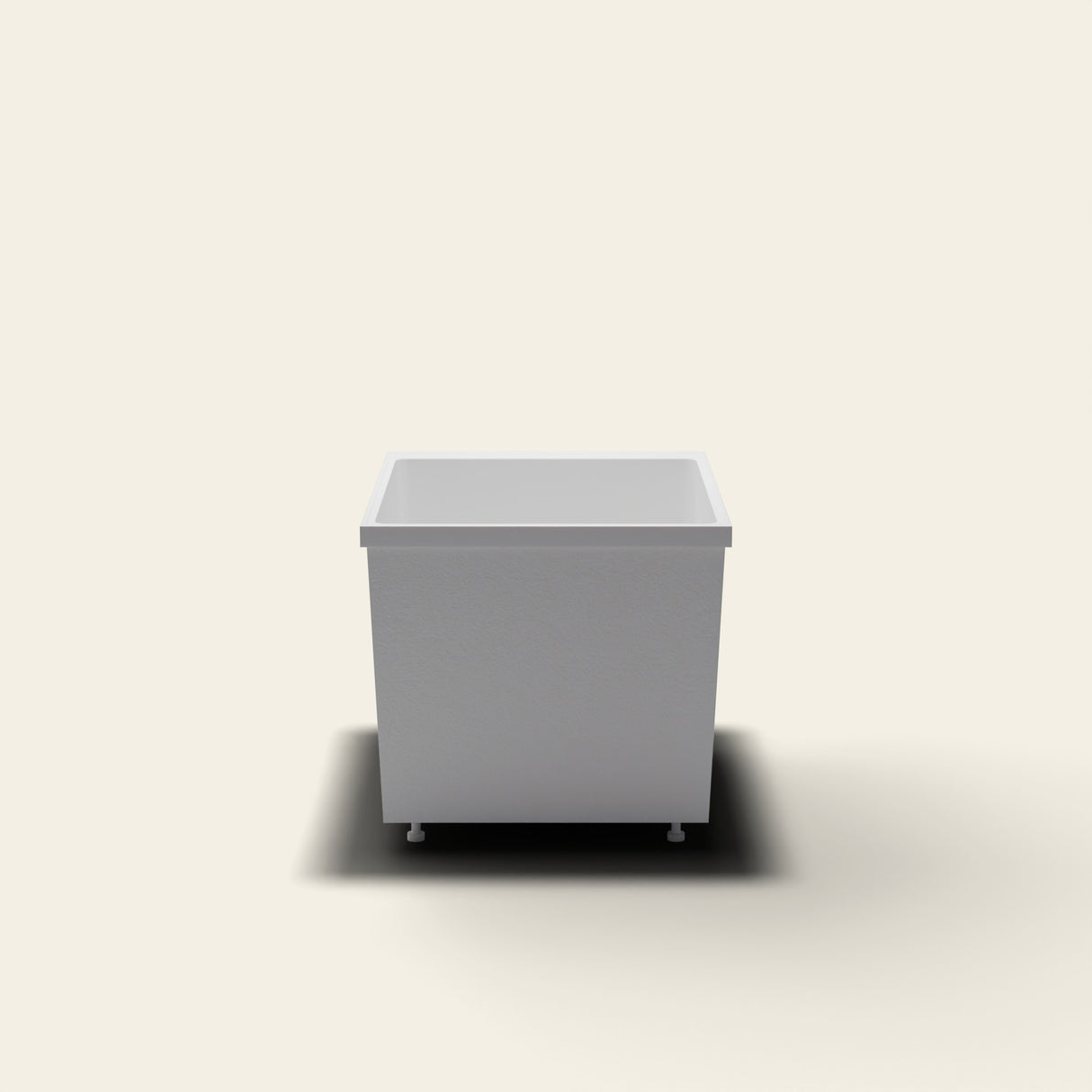 Omnitub Sheer 900 deep soaking tub in white — 900×700mm footprint, 600mm deep, near-vertical walls, hand-polished Omnigel, on adjustable feet — end elevation [render:endelev:feet]