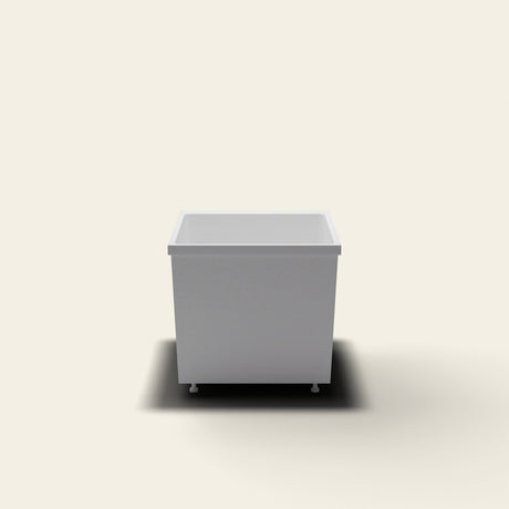 Omnitub Sheer 900 deep soaking tub in white — 900×700mm footprint, 600mm deep, near-vertical walls, hand-polished Omnigel, on adjustable feet — end elevation [render:endelev:feet]