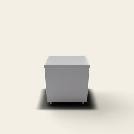 Omnitub Sheer 1000 deep soaking tub in white — 1000×700mm footprint, 600mm deep, near-vertical walls, hand-polished Omnigel, on adjustable feet — end elevation [render:endelev:feet]