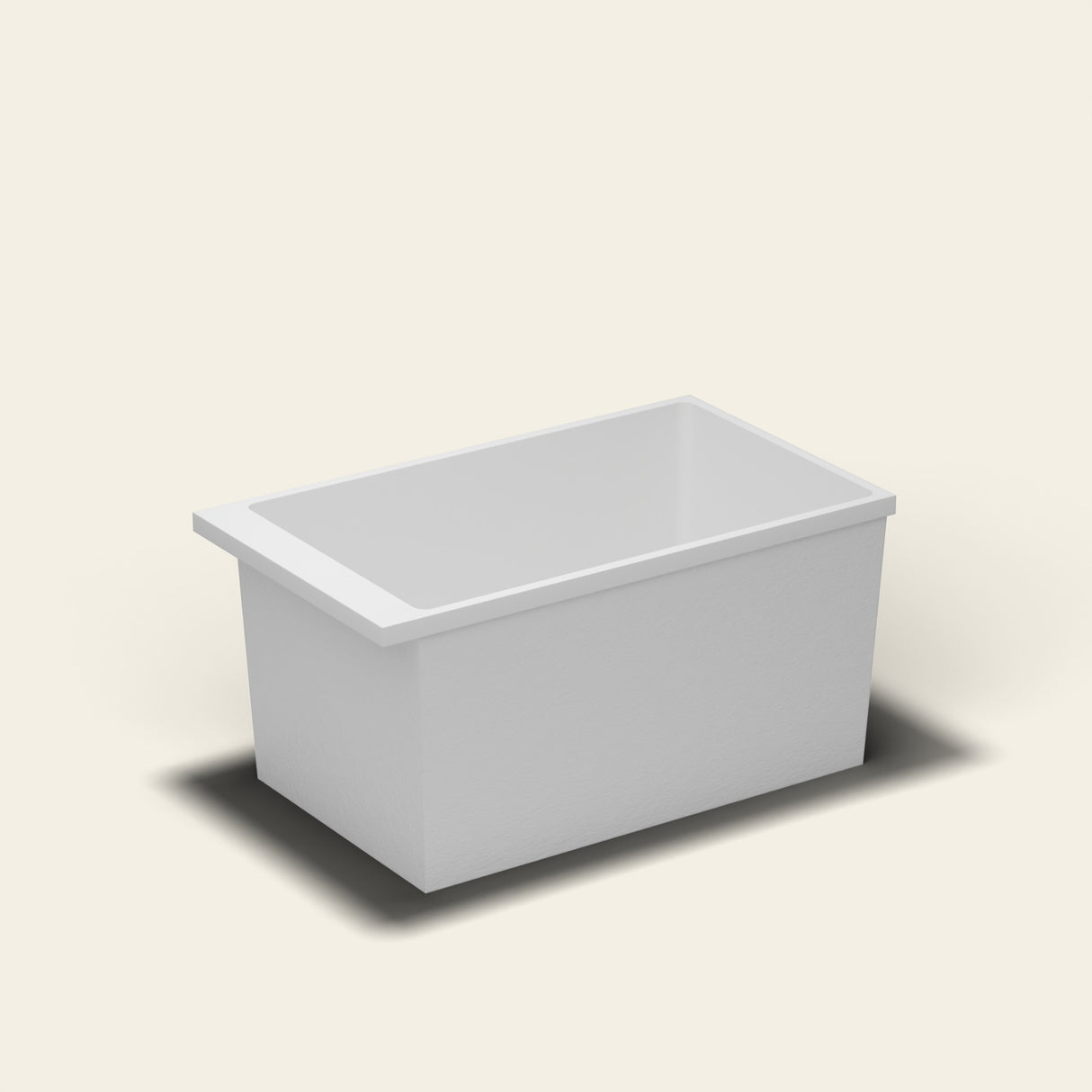 Omnitub Sheer 1200 deep soaking tub in white — 1200×700mm footprint, 600mm deep, near-vertical walls, hand-polished Omnigel — side three-quarter [render:ext3q:nofeet]