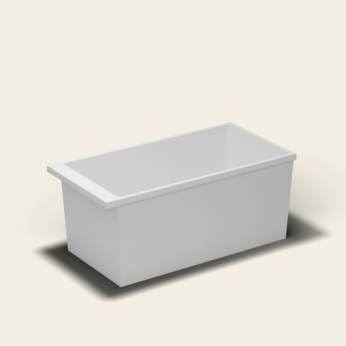 Omnitub Sheer 1400 deep soaking tub in white — 1400×700mm footprint, 600mm deep, near-vertical walls, hand-polished Omnigel — side three-quarter [render:ext3q:nofeet]