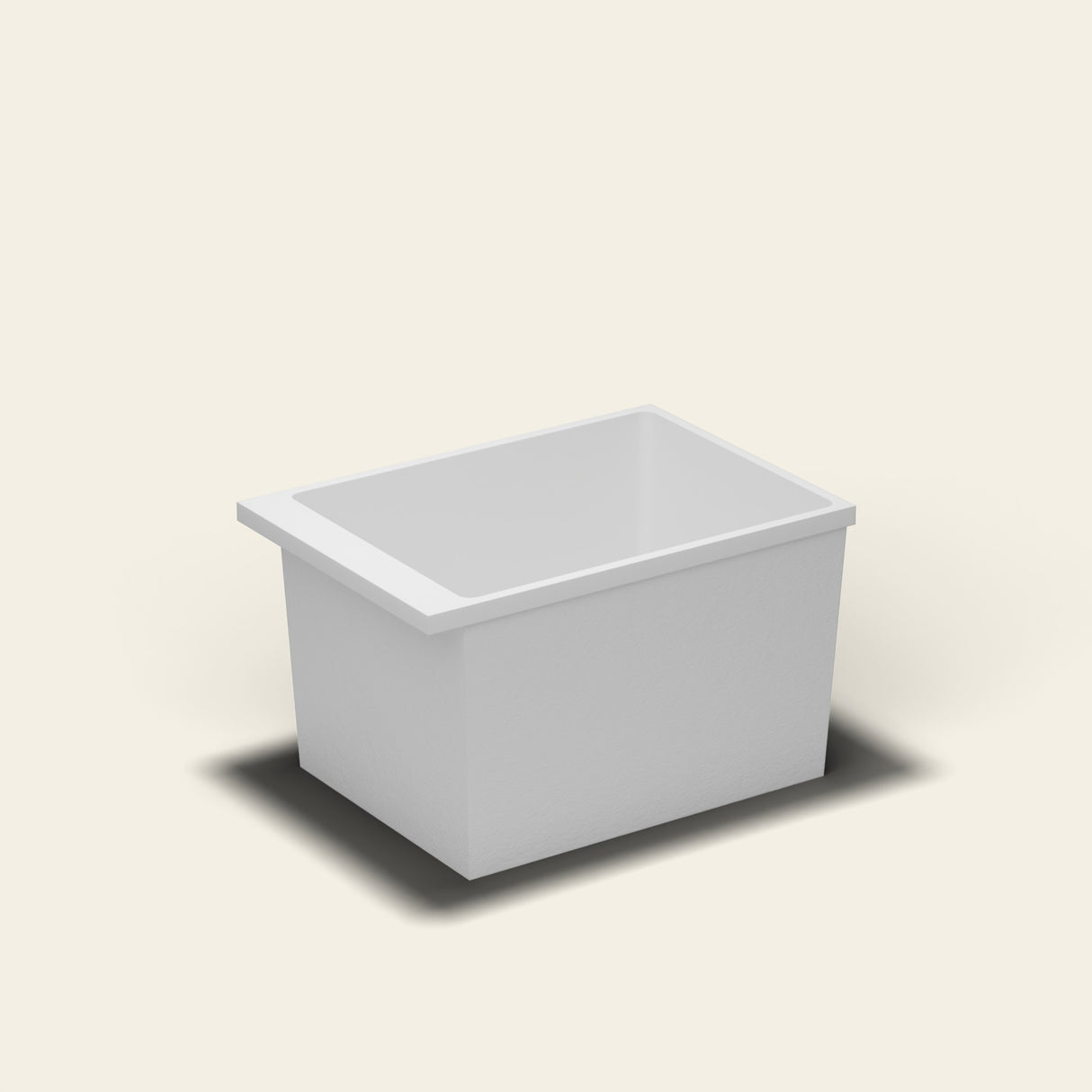 Omnitub Sheer 1000 deep soaking tub in white — 1000×700mm footprint, 600mm deep, near-vertical walls, hand-polished Omnigel — side three-quarter [render:ext3q:nofeet]