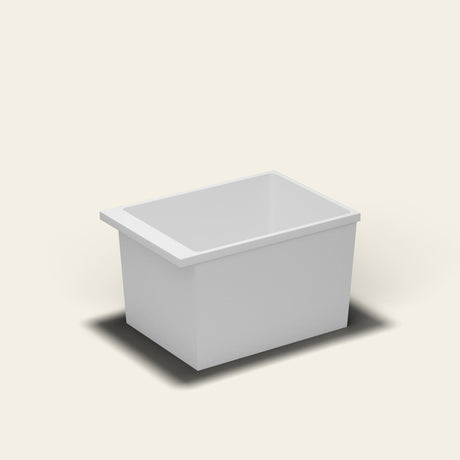 Omnitub Sheer 1000 deep soaking tub in white — 1000×700mm footprint, 600mm deep, near-vertical walls, hand-polished Omnigel — side three-quarter [render:ext3q:nofeet]