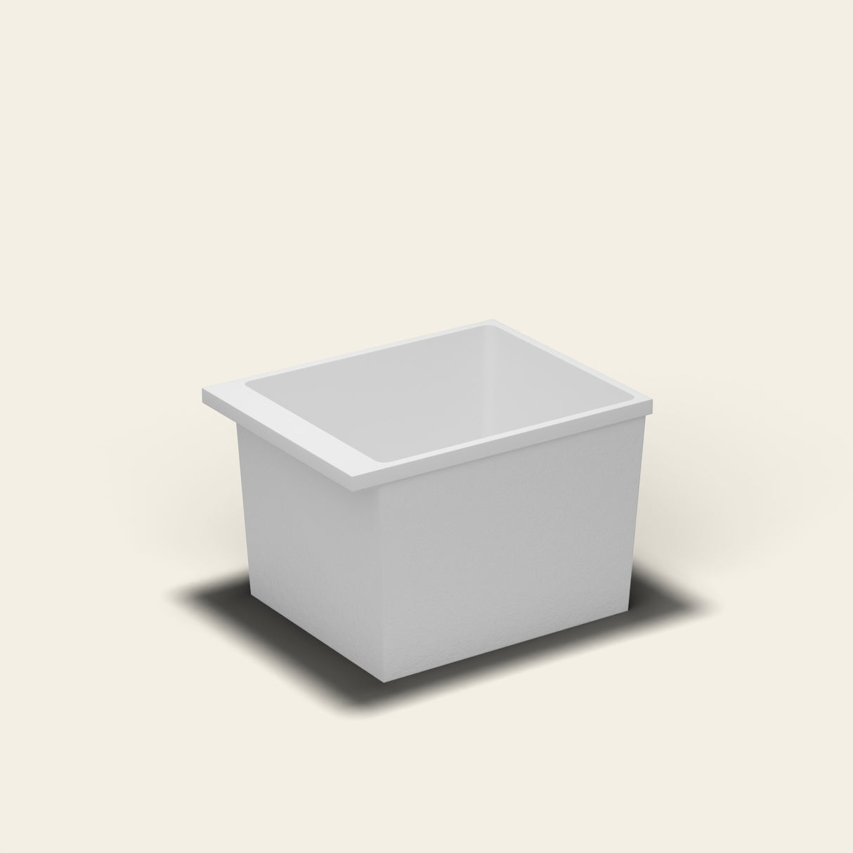 Omnitub Sheer 900 deep soaking tub in white — 900×700mm footprint, 600mm deep, near-vertical walls, hand-polished Omnigel — side three-quarter [render:ext3q:nofeet]