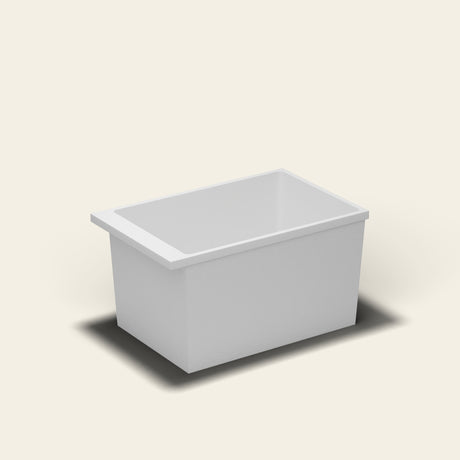 Omnitub Sheer 1100 deep soaking tub in white — 1100×700mm footprint, 600mm deep, near-vertical walls, hand-polished Omnigel — side three-quarter [render:ext3q:nofeet]