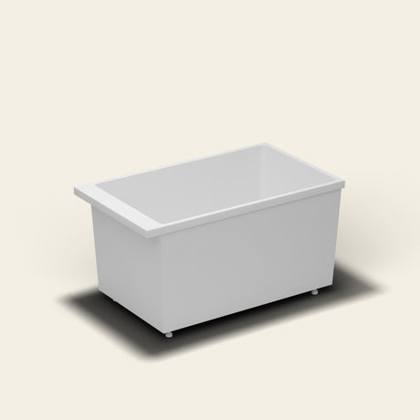 Omnitub Sheer 1200 deep soaking tub in white — 1200×700mm footprint, 600mm deep, near-vertical walls, hand-polished Omnigel, on adjustable feet — side three-quarter [render:ext3q:feet]