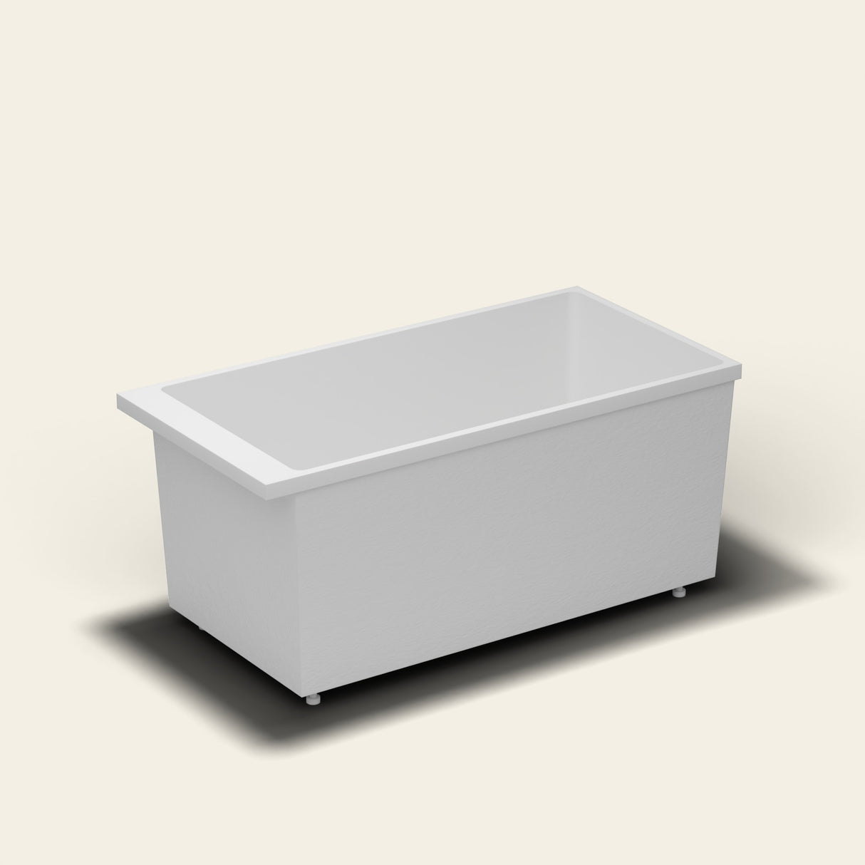 Omnitub Sheer 1400 deep soaking tub in white — 1400×700mm footprint, 600mm deep, near-vertical walls, hand-polished Omnigel, on adjustable feet — side three-quarter [render:ext3q:feet]