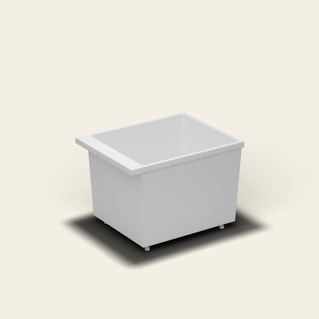 Omnitub Sheer 900 deep soaking tub in white — 900×700mm footprint, 600mm deep, near-vertical walls, hand-polished Omnigel, on adjustable feet — side three-quarter [render:ext3q:feet]