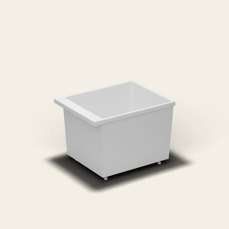 Omnitub Sheer 900 deep soaking tub in white — 900×700mm footprint, 600mm deep, near-vertical walls, hand-polished Omnigel, on adjustable feet — side three-quarter [render:ext3q:feet]