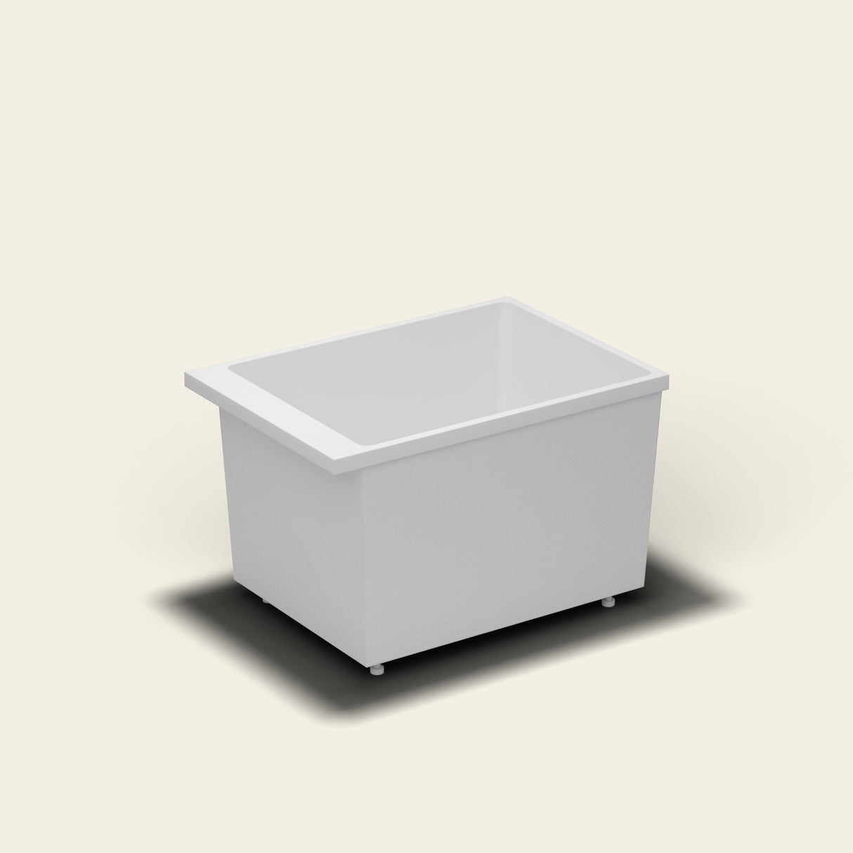 Omnitub Sheer 1000 deep soaking tub in white — 1000×700mm footprint, 600mm deep, near-vertical walls, hand-polished Omnigel, on adjustable feet — side three-quarter [render:ext3q:feet]