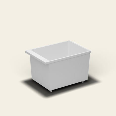 Omnitub Sheer 1000 deep soaking tub in white — 1000×700mm footprint, 600mm deep, near-vertical walls, hand-polished Omnigel, on adjustable feet — side three-quarter [render:ext3q:feet]
