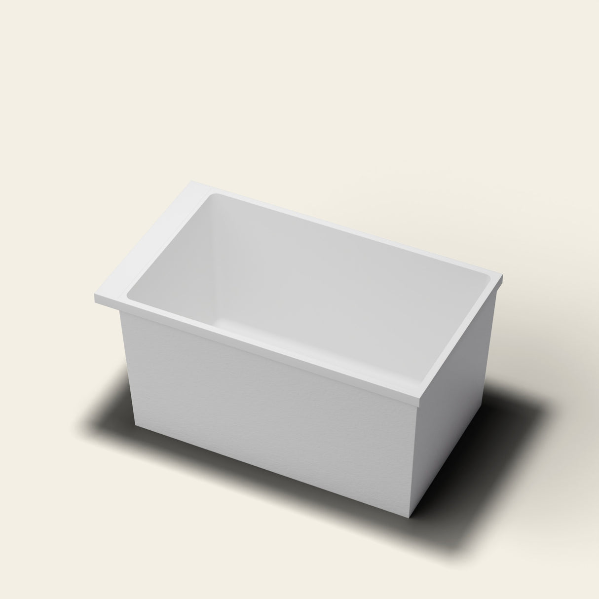 Omnitub Sheer 1200 deep soaking tub in white — 1200×700mm footprint, 600mm deep, near-vertical walls, hand-polished Omnigel — hero [render:hero:nofeet]
