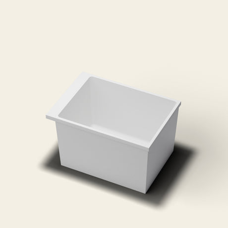 Omnitub Sheer 1000 deep soaking tub in white — 1000×700mm footprint, 600mm deep, near-vertical walls, hand-polished Omnigel — hero [render:hero:nofeet]