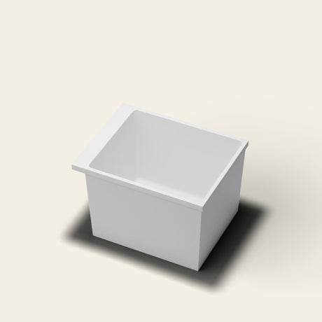 Omnitub Sheer 900 deep soaking tub in white — 900×700mm footprint, 600mm deep, near-vertical walls, hand-polished Omnigel — hero [render:hero:nofeet]