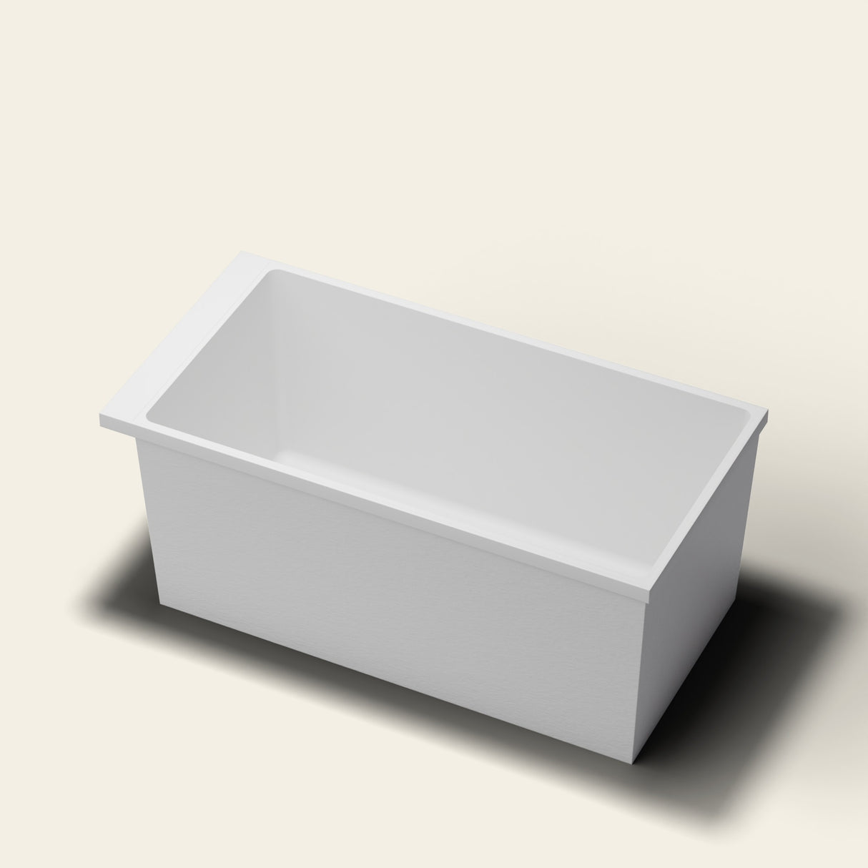 Omnitub Sheer 1400 deep soaking tub in white — 1400×700mm footprint, 600mm deep, near-vertical walls, hand-polished Omnigel — hero [render:hero:nofeet]