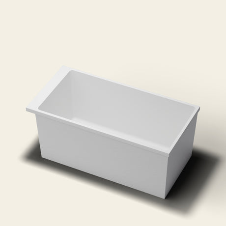 Omnitub Sheer 1400 deep soaking tub in white — 1400×700mm footprint, 600mm deep, near-vertical walls, hand-polished Omnigel — hero [render:hero:nofeet]