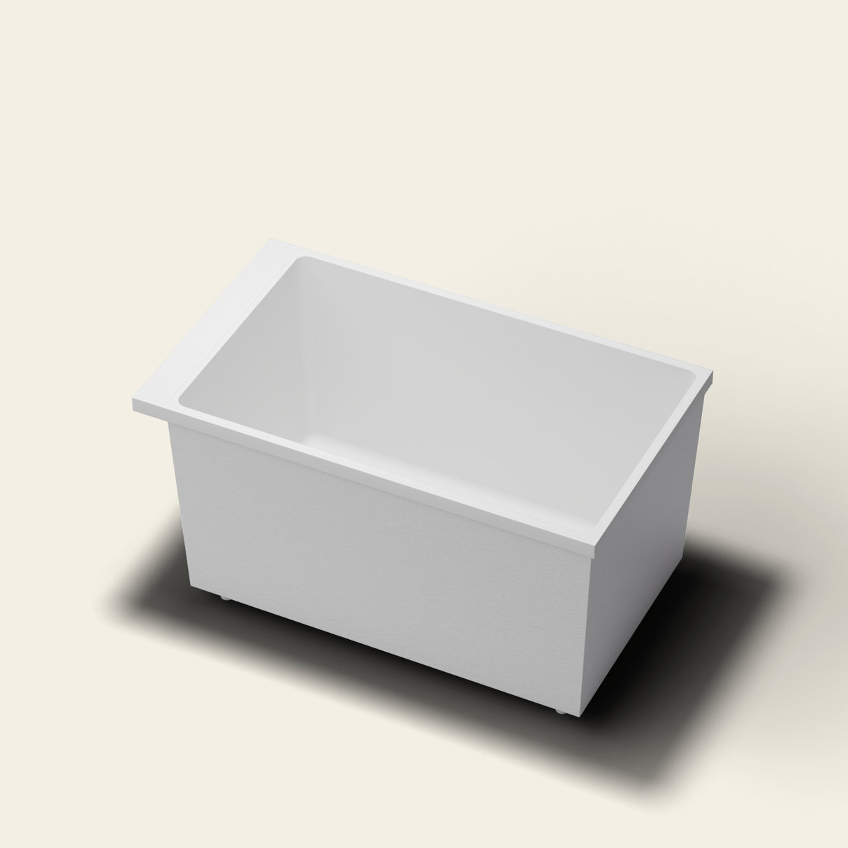 Omnitub Sheer 1200 deep soaking tub in white — 1200×700mm footprint, 600mm deep, near-vertical walls, hand-polished Omnigel, on adjustable feet — hero [render:hero:feet]