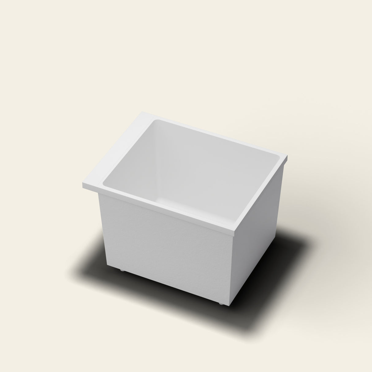 Omnitub Sheer 900 deep soaking tub in white — 900×700mm footprint, 600mm deep, near-vertical walls, hand-polished Omnigel, on adjustable feet — hero [render:hero:feet]
