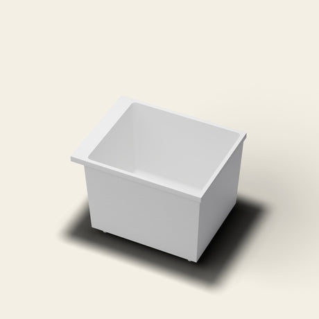 Omnitub Sheer 900 deep soaking tub in white — 900×700mm footprint, 600mm deep, near-vertical walls, hand-polished Omnigel, on adjustable feet — hero [render:hero:feet]