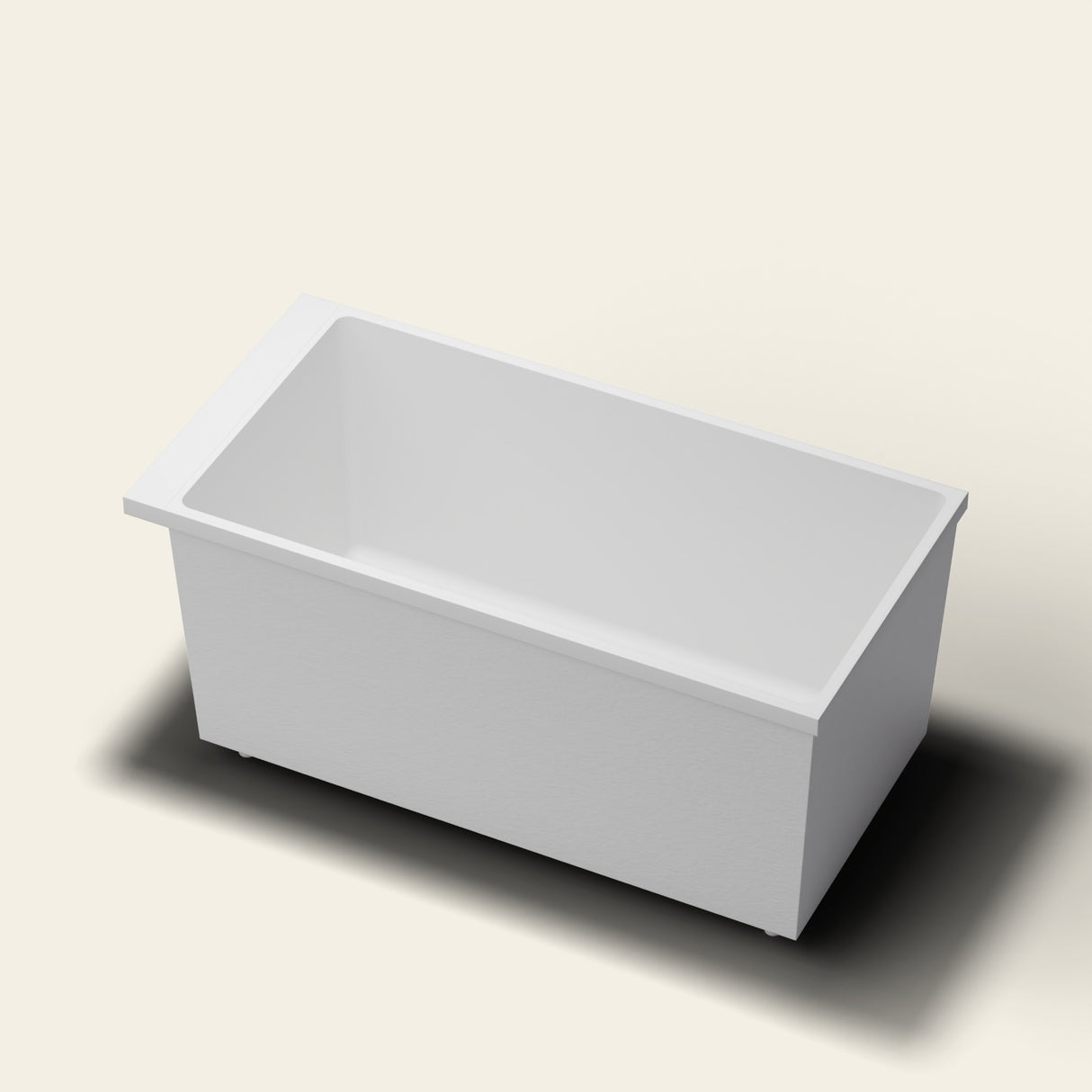 Omnitub Sheer 1400 deep soaking tub in white — 1400×700mm footprint, 600mm deep, near-vertical walls, hand-polished Omnigel, on adjustable feet — hero [render:hero:feet]