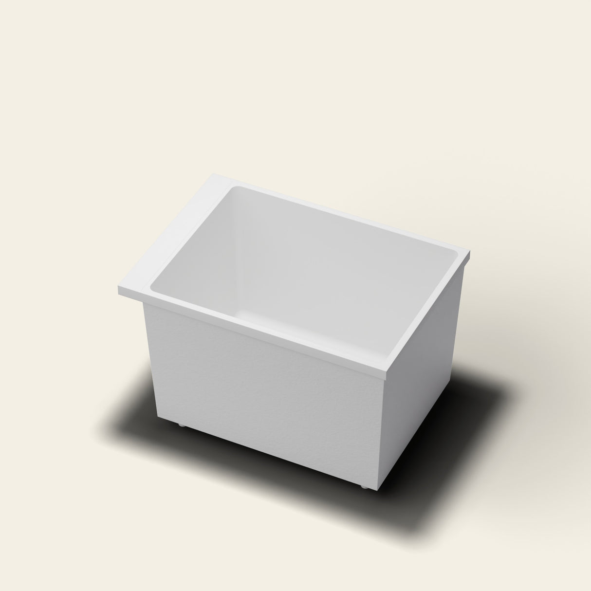 Omnitub Sheer 1000 deep soaking tub in white — 1000×700mm footprint, 600mm deep, near-vertical walls, hand-polished Omnigel, on adjustable feet — hero [render:hero:feet]
