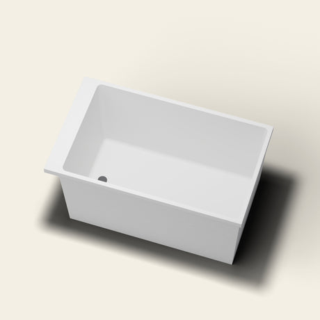 Omnitub Sheer 1200 deep soaking tub in white — 1200×700mm footprint, 600mm deep, near-vertical walls, hand-polished Omnigel — looking in [render:lookin:nofeet]