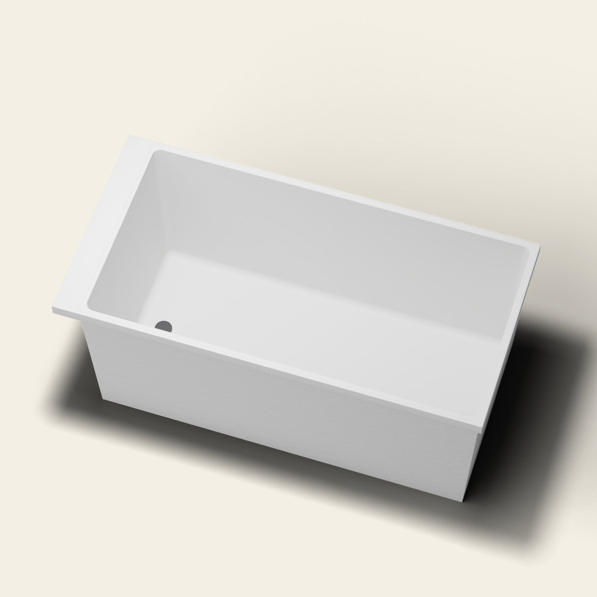 Omnitub Sheer 1400 deep soaking tub in white — 1400×700mm footprint, 600mm deep, near-vertical walls, hand-polished Omnigel — looking in [render:lookin:nofeet]
