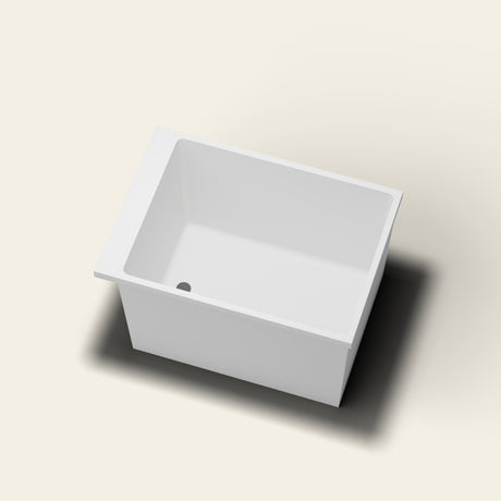 Omnitub Sheer 1000 deep soaking tub in white — 1000×700mm footprint, 600mm deep, near-vertical walls, hand-polished Omnigel — looking in [render:lookin:nofeet]