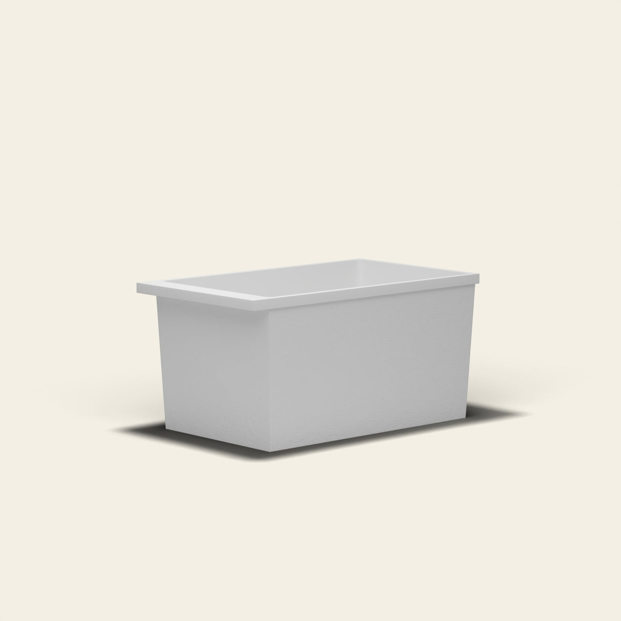 Omnitub Sheer 1200 deep soaking tub in white — 1200×700mm footprint, 600mm deep, near-vertical walls, hand-polished Omnigel — low angle [render:lowcorner:nofeet]