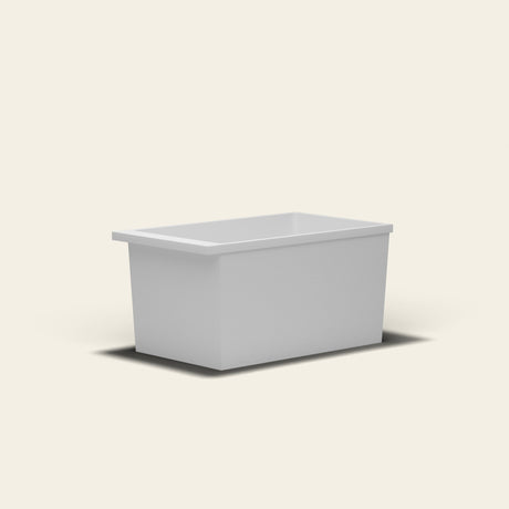 Omnitub Sheer 1200 deep soaking tub in white — 1200×700mm footprint, 600mm deep, near-vertical walls, hand-polished Omnigel — low angle [render:lowcorner:nofeet]