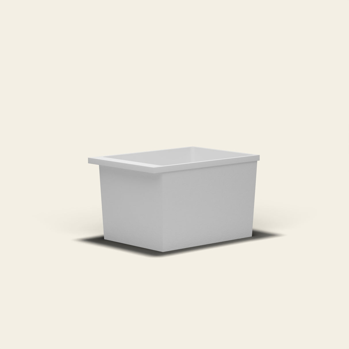 Omnitub Sheer 1000 deep soaking tub in white — 1000×700mm footprint, 600mm deep, near-vertical walls, hand-polished Omnigel — low angle [render:lowcorner:nofeet]