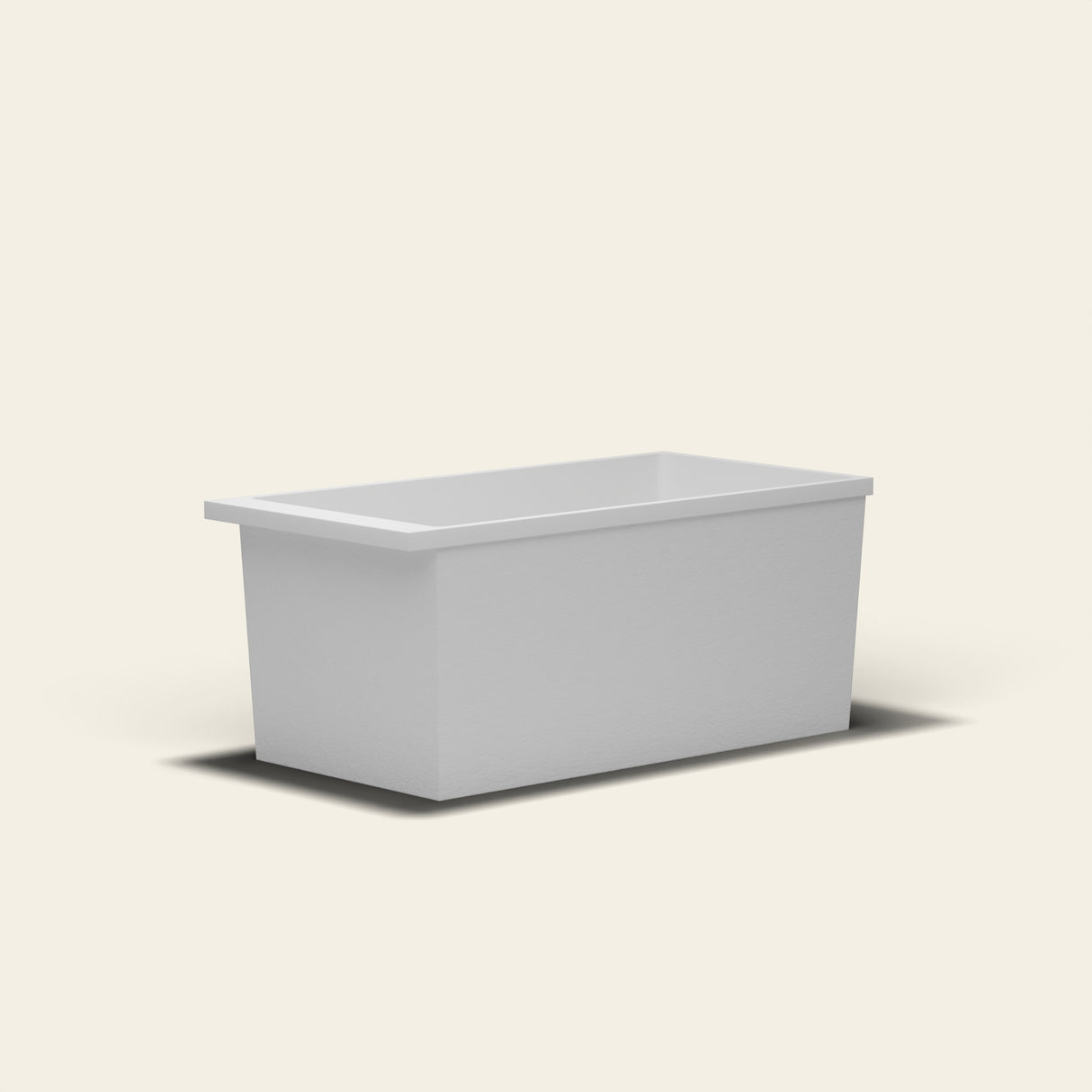 Omnitub Sheer 1400 deep soaking tub in white — 1400×700mm footprint, 600mm deep, near-vertical walls, hand-polished Omnigel — low angle [render:lowcorner:nofeet]
