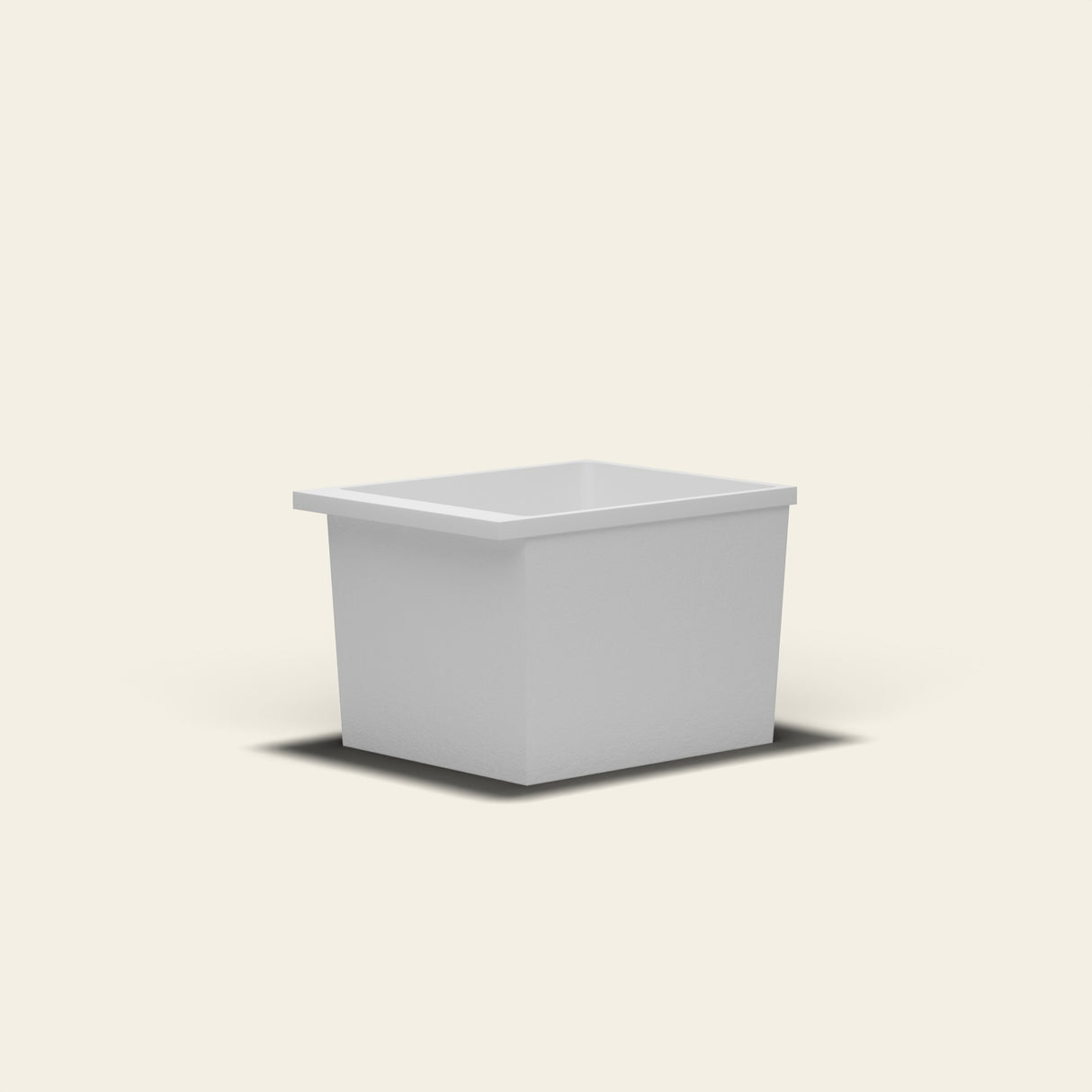 Omnitub Sheer 900 deep soaking tub in white — 900×700mm footprint, 600mm deep, near-vertical walls, hand-polished Omnigel — low angle [render:lowcorner:nofeet]