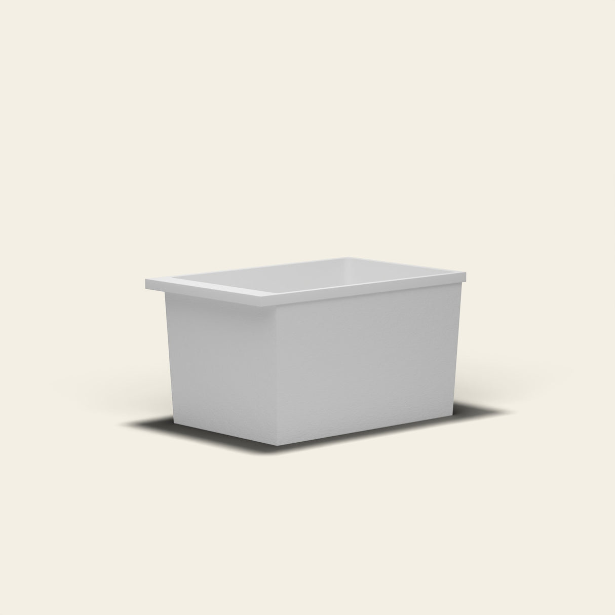 Omnitub Sheer 1100 deep soaking tub in white — 1100×700mm footprint, 600mm deep, near-vertical walls, hand-polished Omnigel — low angle [render:lowcorner:nofeet]
