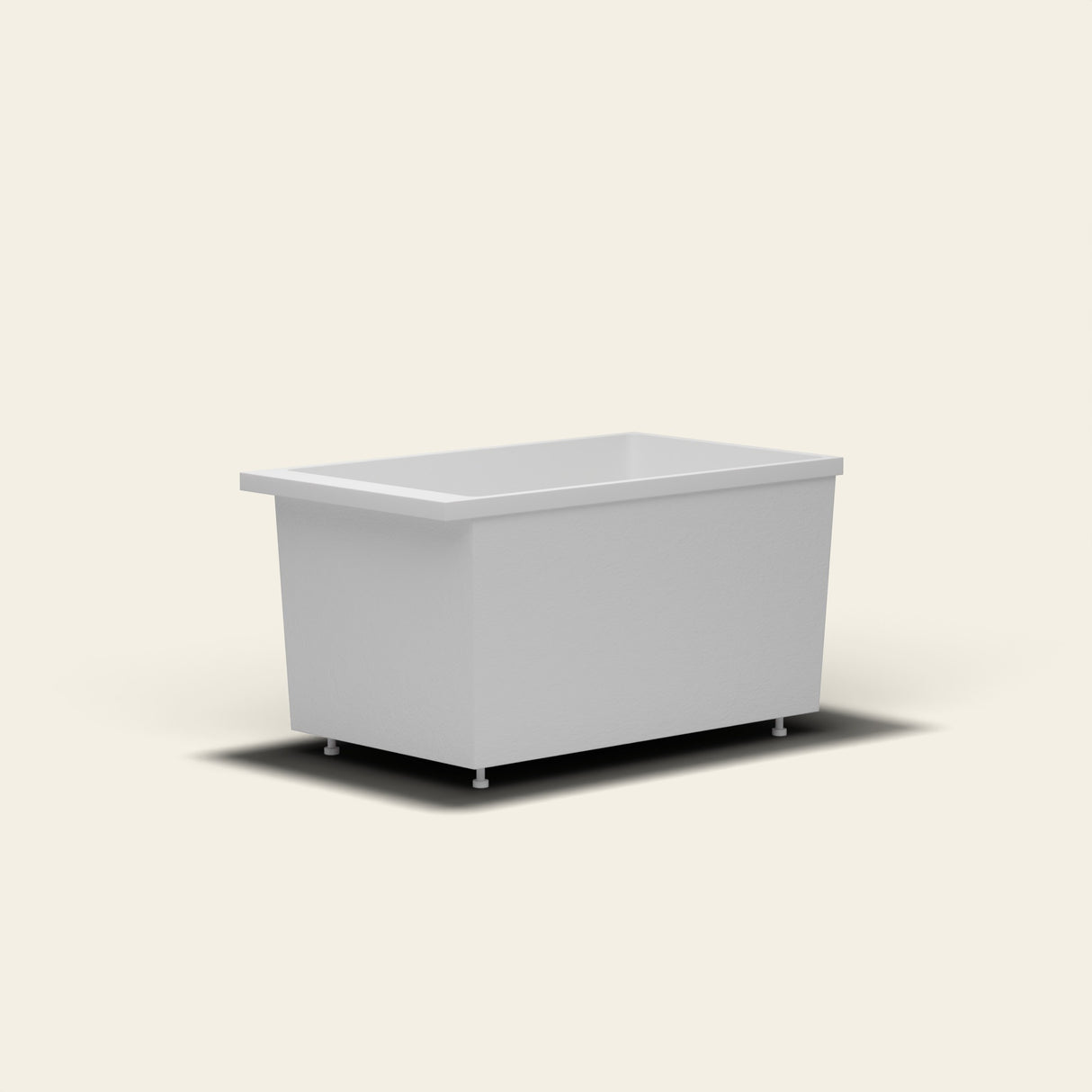 Omnitub Sheer 1200 deep soaking tub in white — 1200×700mm footprint, 600mm deep, near-vertical walls, hand-polished Omnigel, on adjustable feet — low angle [render:lowcorner:feet]