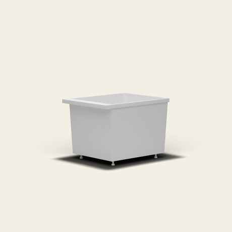 Omnitub Sheer 900 deep soaking tub in white — 900×700mm footprint, 600mm deep, near-vertical walls, hand-polished Omnigel, on adjustable feet — low angle [render:lowcorner:feet]