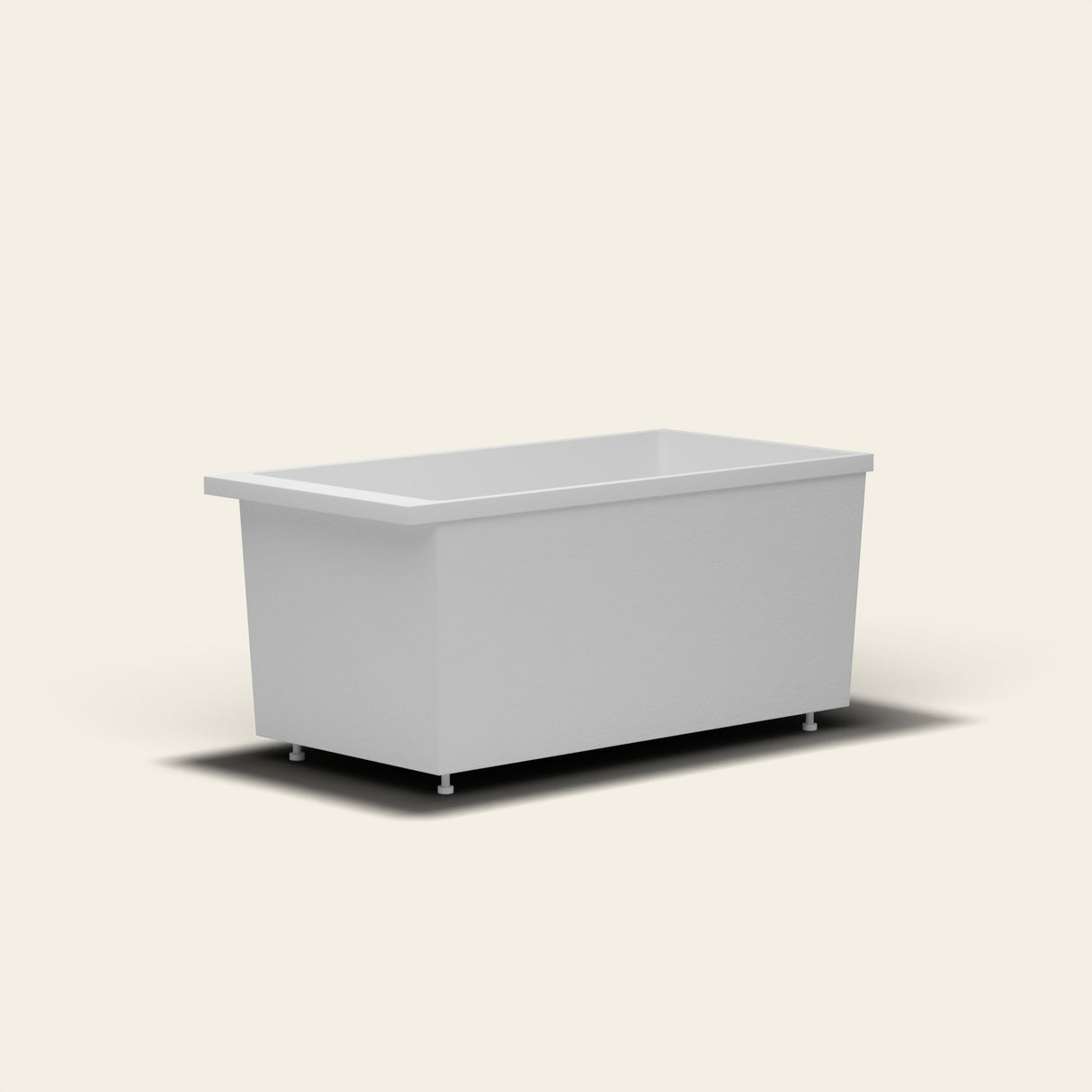 Omnitub Sheer 1400 deep soaking tub in white — 1400×700mm footprint, 600mm deep, near-vertical walls, hand-polished Omnigel, on adjustable feet — low angle [render:lowcorner:feet]