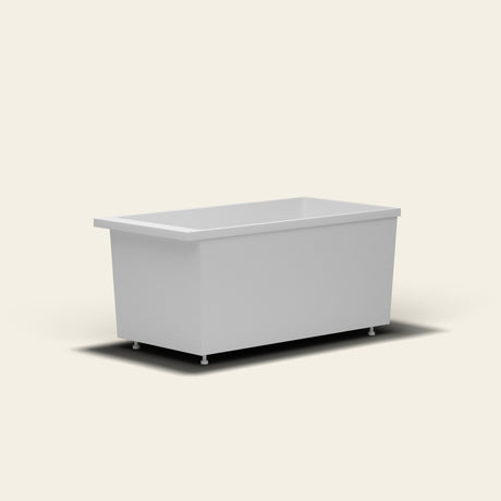 Omnitub Sheer 1400 deep soaking tub in white — 1400×700mm footprint, 600mm deep, near-vertical walls, hand-polished Omnigel, on adjustable feet — low angle [render:lowcorner:feet]