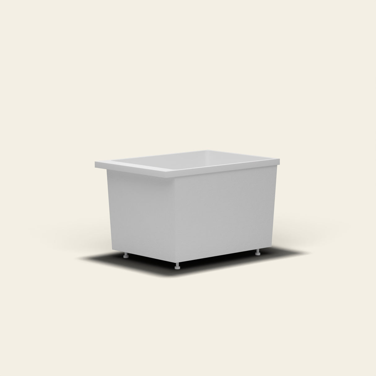 Omnitub Sheer 1000 deep soaking tub in white — 1000×700mm footprint, 600mm deep, near-vertical walls, hand-polished Omnigel, on adjustable feet — low angle [render:lowcorner:feet]